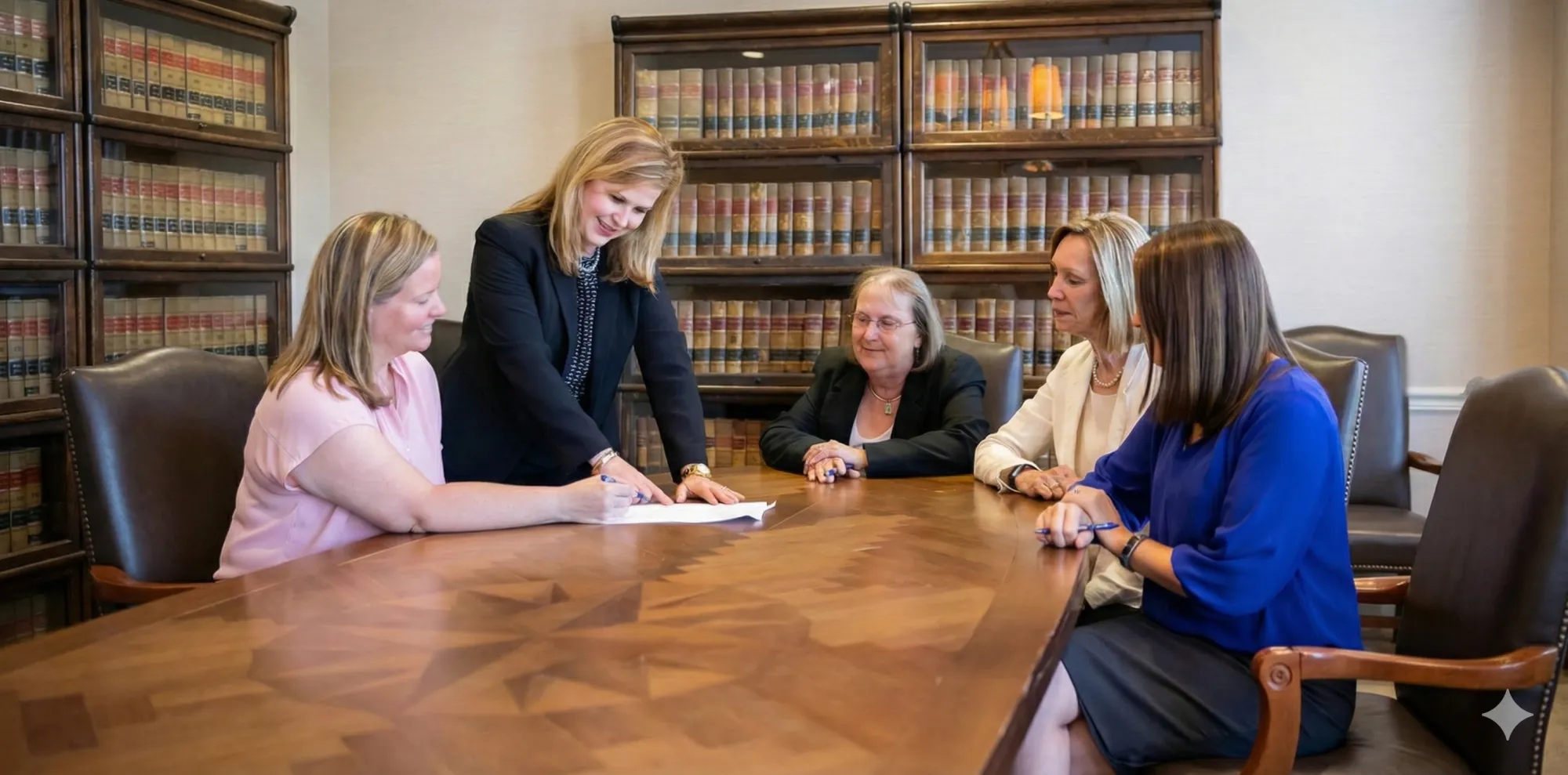 Five women in a library meeting room discuss documents at a large wooden table.